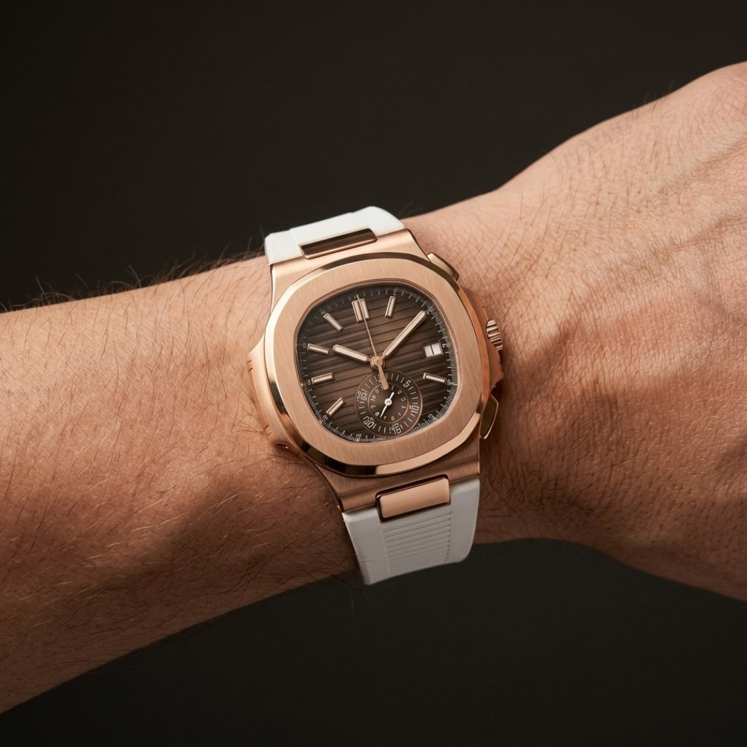 The Horizon Rose Gold Flyback Chronograph Timepiece — Chocolate Dial & White Rubber Strap Edition