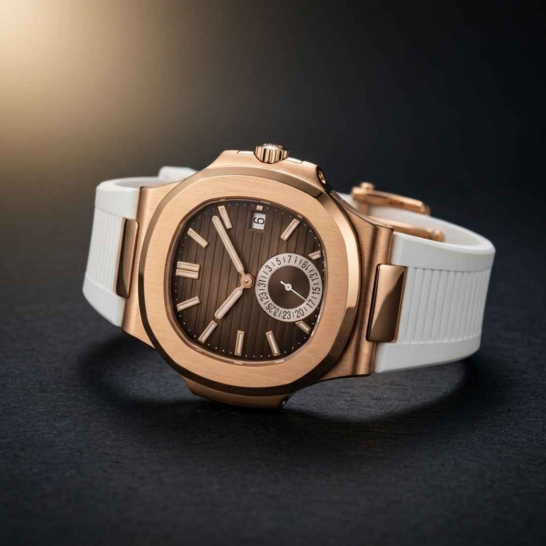 The Horizon Rose Gold Flyback Chronograph Timepiece — Chocolate Dial & White Rubber Strap Edition