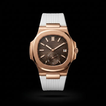The Horizon Rose Gold Flyback Chronograph Timepiece — Chocolate Dial & White Rubber Strap Edition