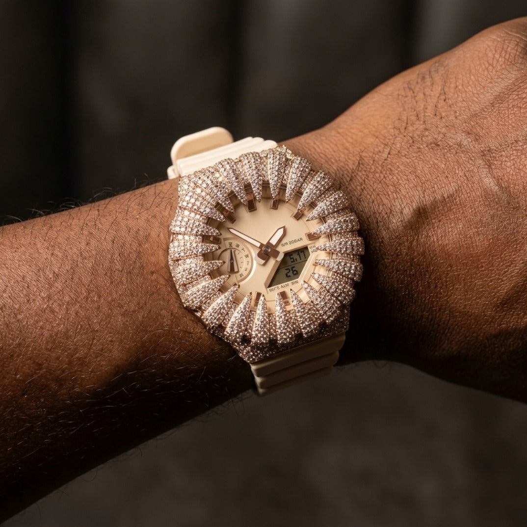 The Vanguard Rose Gold Spike Crown Iced Sport Timepiece — Cream & VVS Pavé Ana-Digi Edition