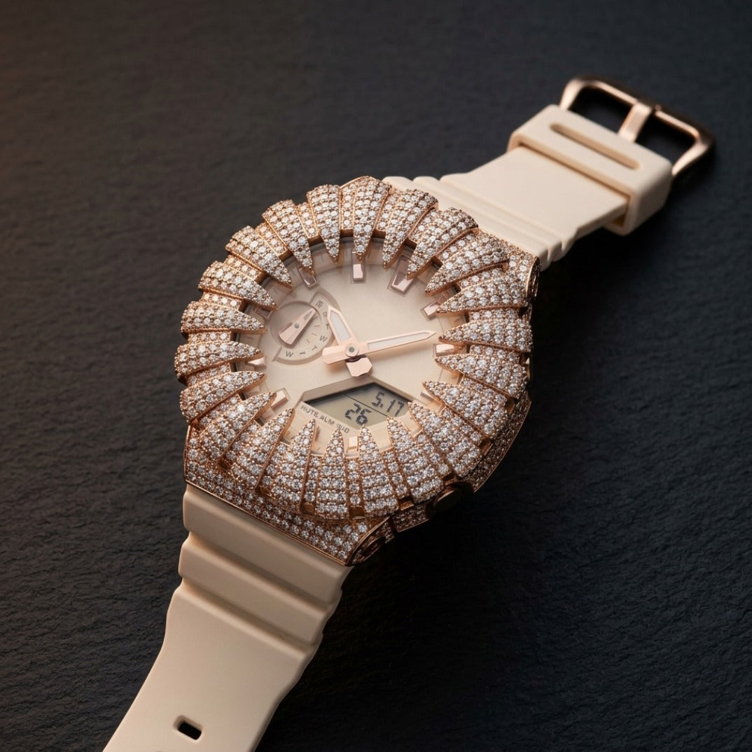 The Vanguard Rose Gold Spike Crown Iced Sport Timepiece — Cream & VVS Pavé Ana-Digi Edition