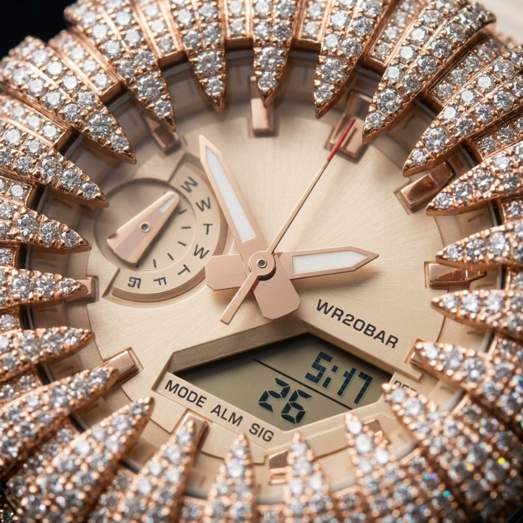 The Vanguard Rose Gold Spike Crown Iced Sport Timepiece — Cream & VVS Pavé Ana-Digi Edition