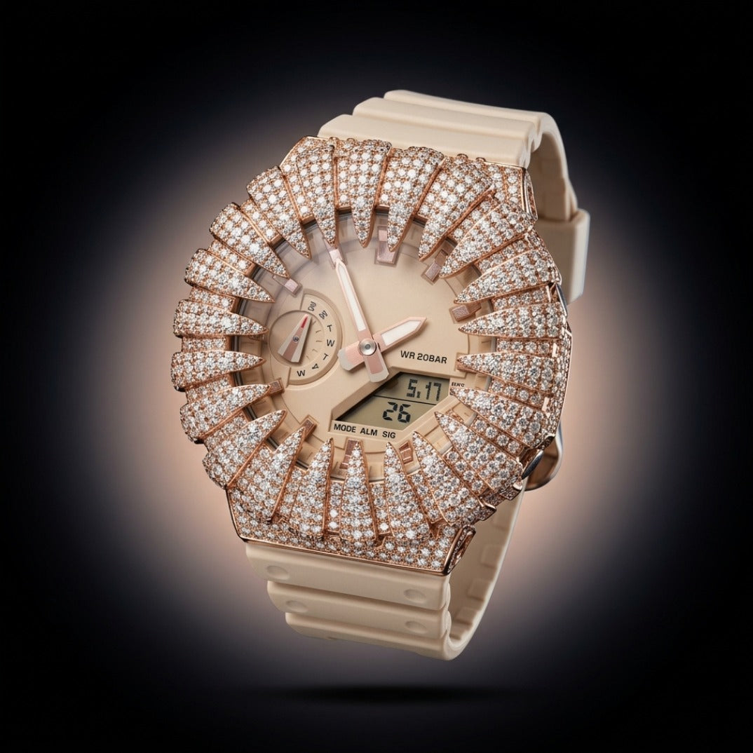 The Vanguard Rose Gold Spike Crown Iced Sport Timepiece — Cream & VVS Pavé Ana-Digi Edition