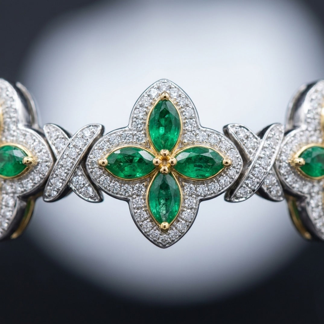 Emerald & Pavé Four-Petal Floral Link Tennis Bracelet In Silver