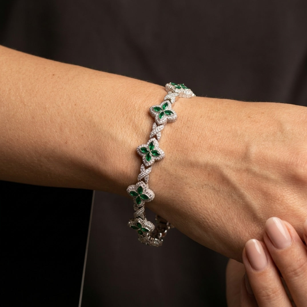 Emerald & Pavé Four-Petal Floral Link Tennis Bracelet In Silver