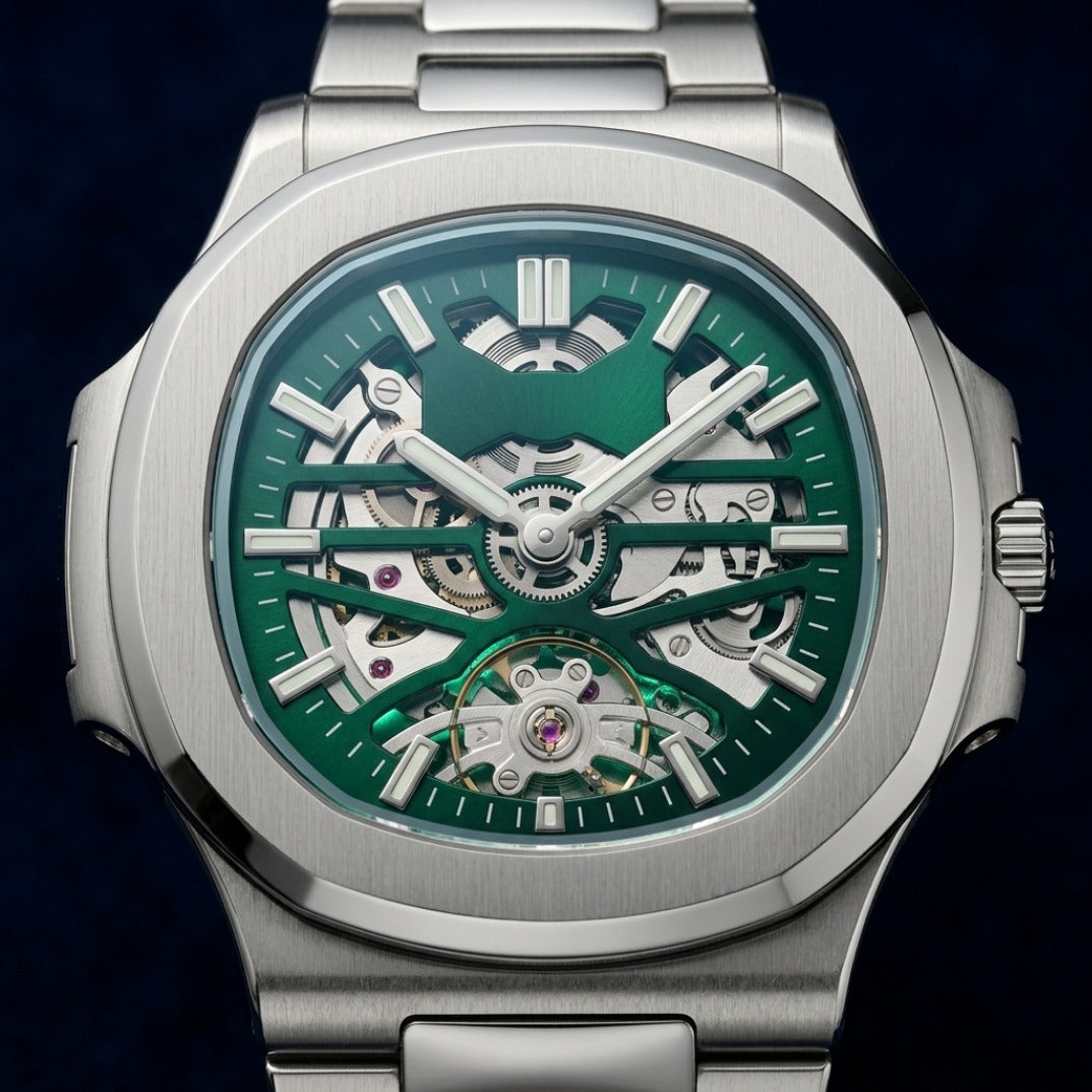 Emerald Green Skeleton Dial Steel Sports Watch With Openwork Movement