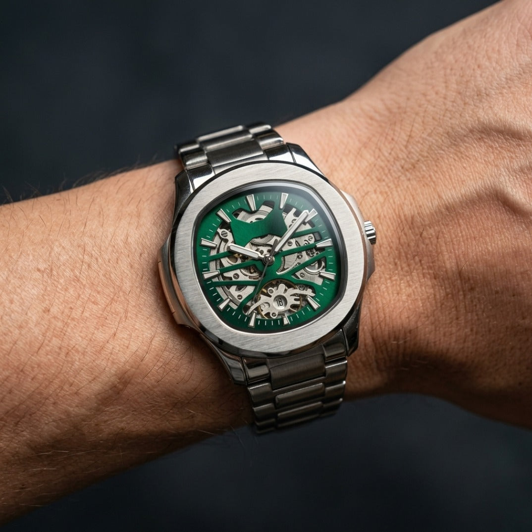 Emerald Green Skeleton Dial Steel Sports Watch With Openwork Movement