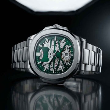 Emerald Green Skeleton Dial Steel Sports Watch With Openwork Movement