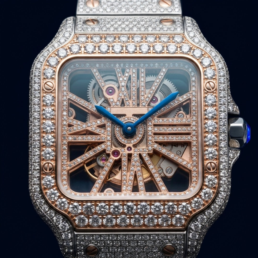 The Nocturne Square Skeleton Bustdown Timepiece — Two-Tone Rose Gold & VVS Large Model