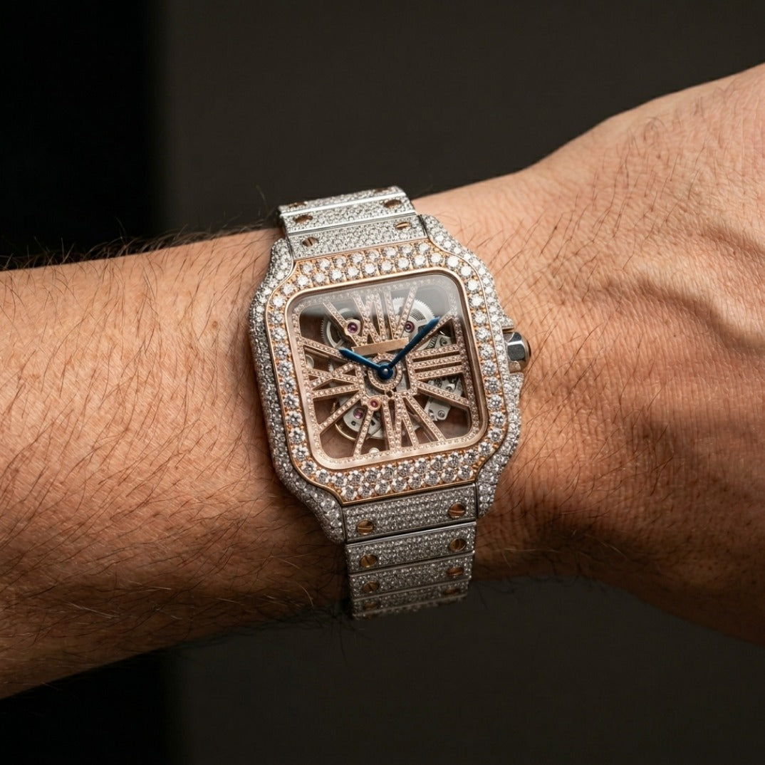 The Nocturne Square Skeleton Bustdown Timepiece — Two-Tone Rose Gold & VVS Large Model
