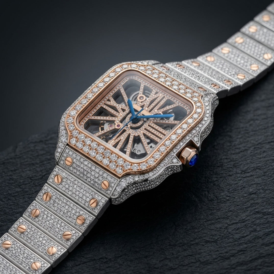 The Nocturne Square Skeleton Bustdown Timepiece — Two-Tone Rose Gold & VVS Large Model