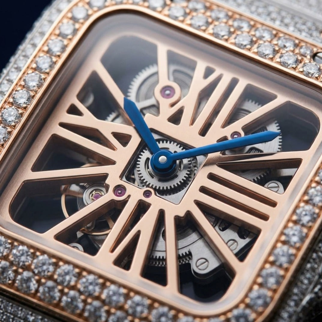 The Nocturne Square Skeleton Bustdown Timepiece — Two-Tone Rose Gold & VVS Large Model