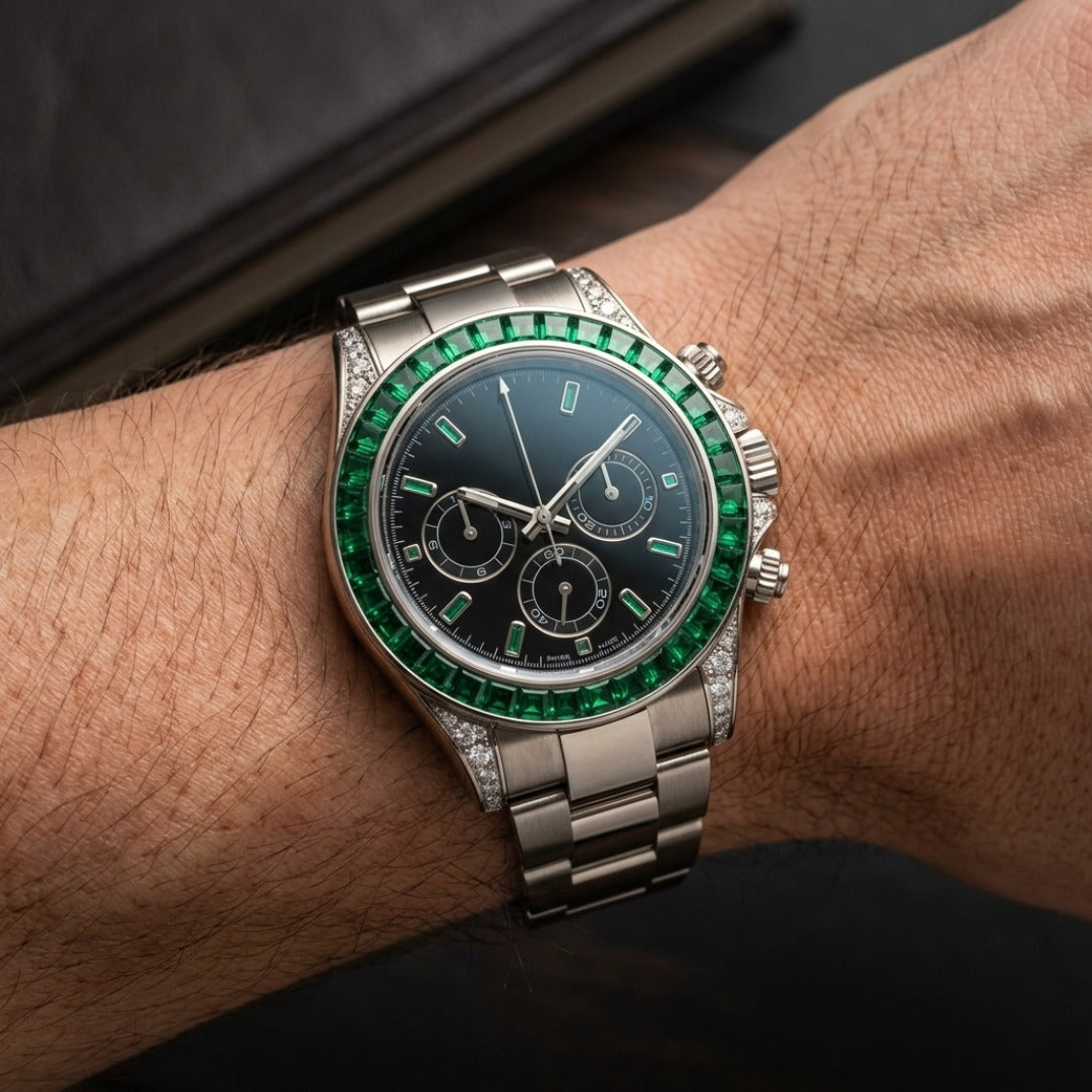 The Sovereign Chronograph Bustdown — Baguette Emerald & VVS Bezel Edition