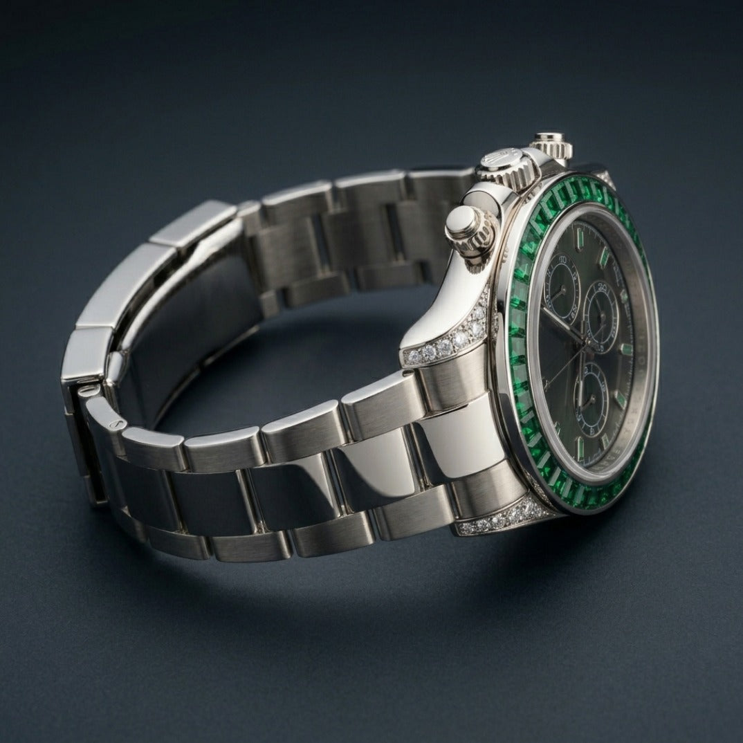 The Sovereign Chronograph Bustdown — Baguette Emerald & VVS Bezel Edition