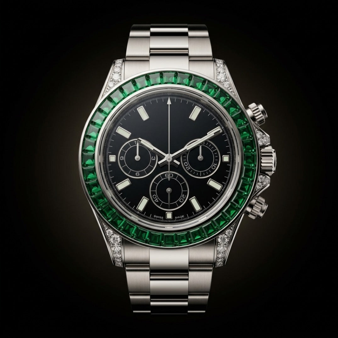 The Sovereign Chronograph Bustdown — Baguette Emerald & VVS Bezel Edition