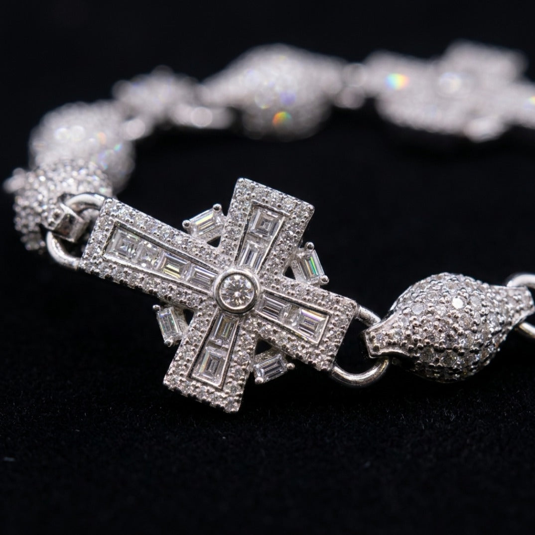 Sacred Cross Pavé Diamond Link Bracelet In White Gold