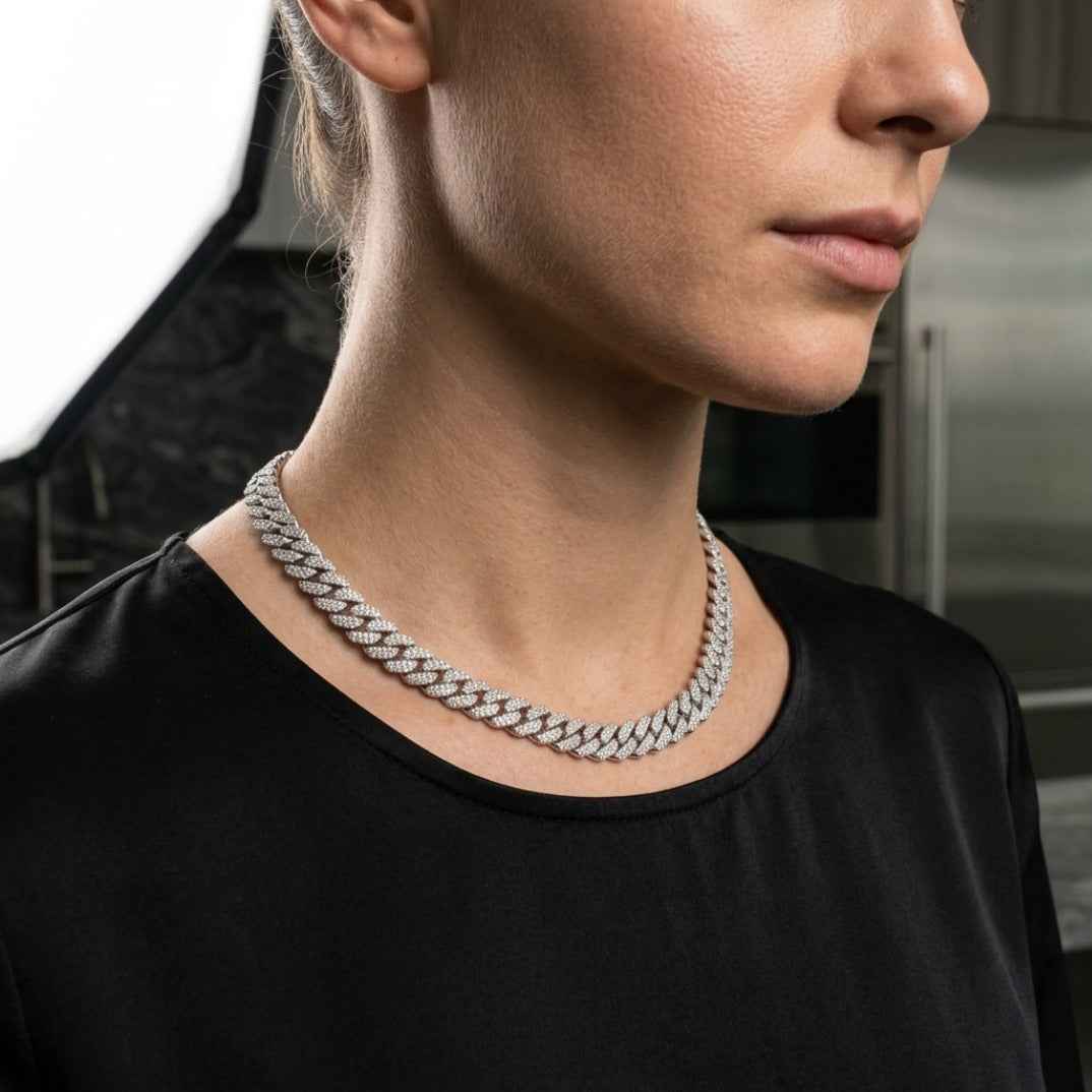 11MM Miami Cuban Link Chain in 925 Silver with D-Color Moissanite – Diamond-Cut Finish