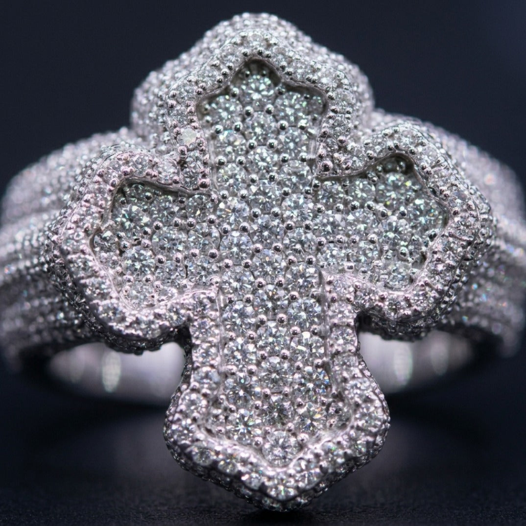 Baguette & Pavé Stone Four-Petal Floral Statement Ring In Silver