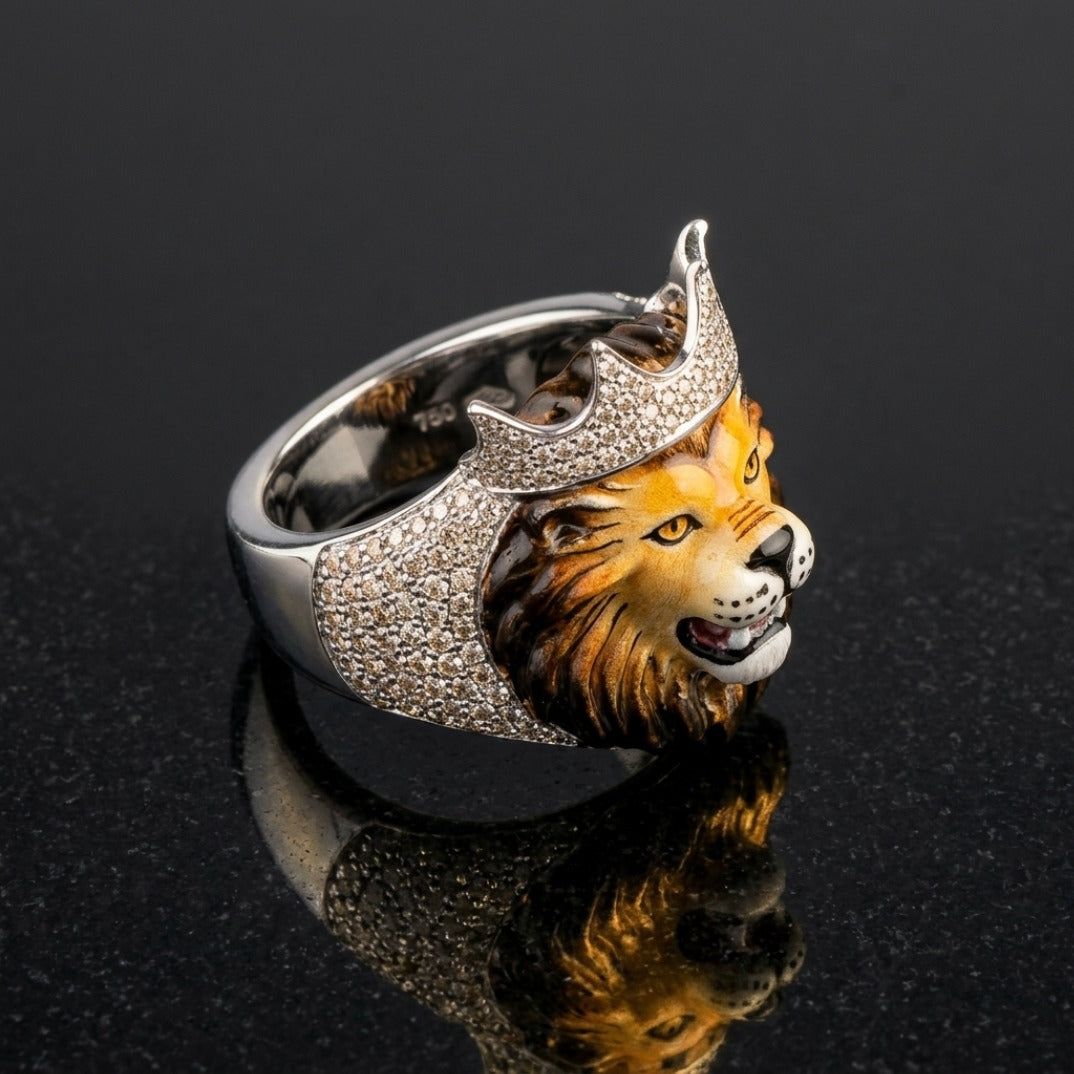 Crowned Lion Ring In Silver With Pavé Crown & Hand-Painted Enamel Face