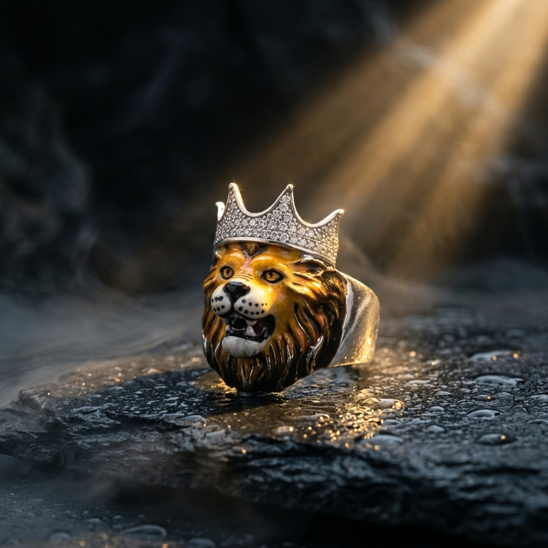 Crowned Lion Ring In Silver With Pavé Crown & Hand-Painted Enamel Face