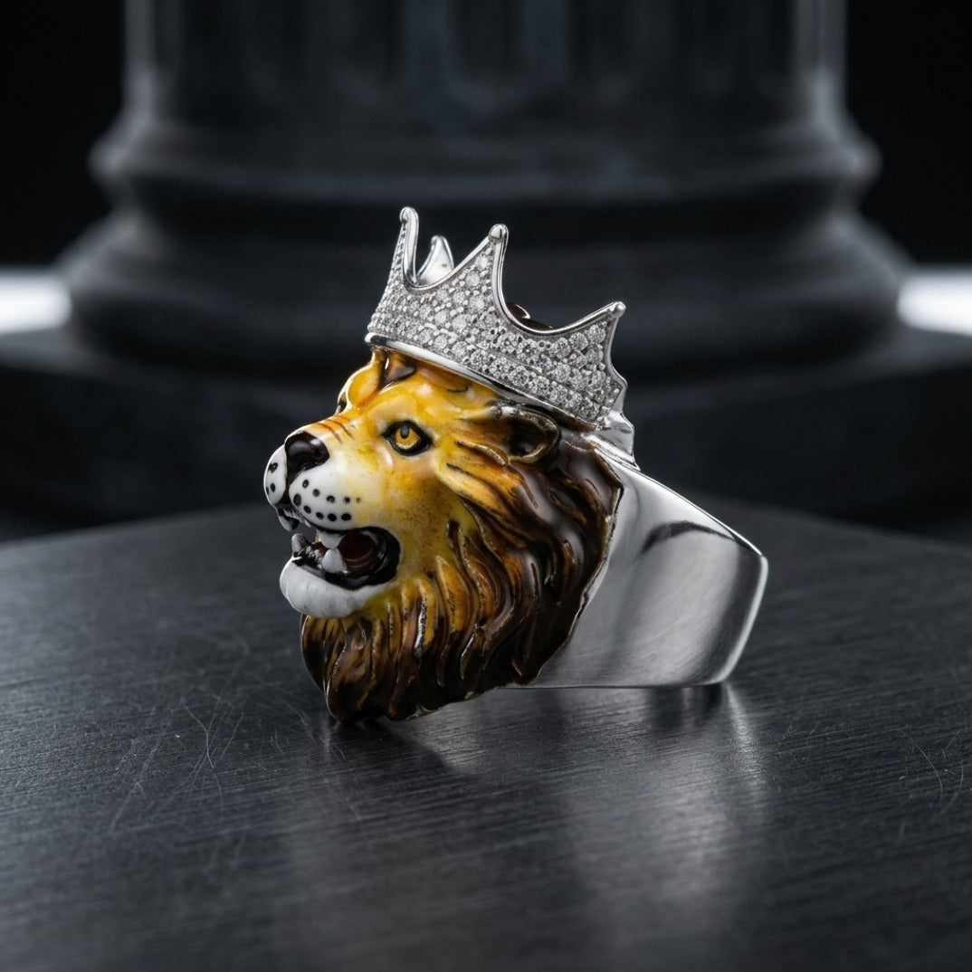 Crowned Lion Ring In Silver With Pavé Crown & Hand-Painted Enamel Face