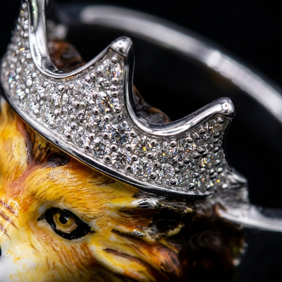 Crowned Lion King Statement Ring In Silver With Pavé Crown & Hand-Painted Enamel Face