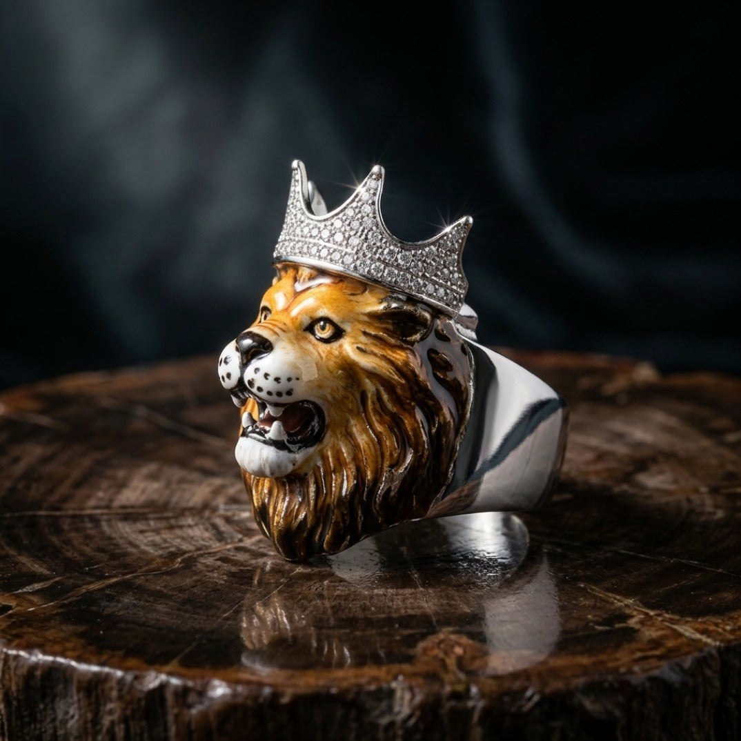 Crowned Lion Ring In Silver With Pavé Crown & Hand-Painted Enamel Face