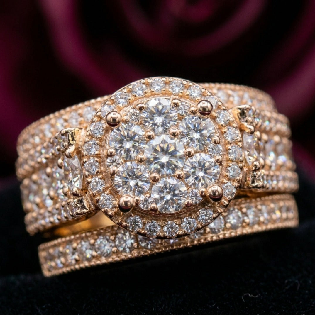 Rose gold ring with diamond accents on a black background