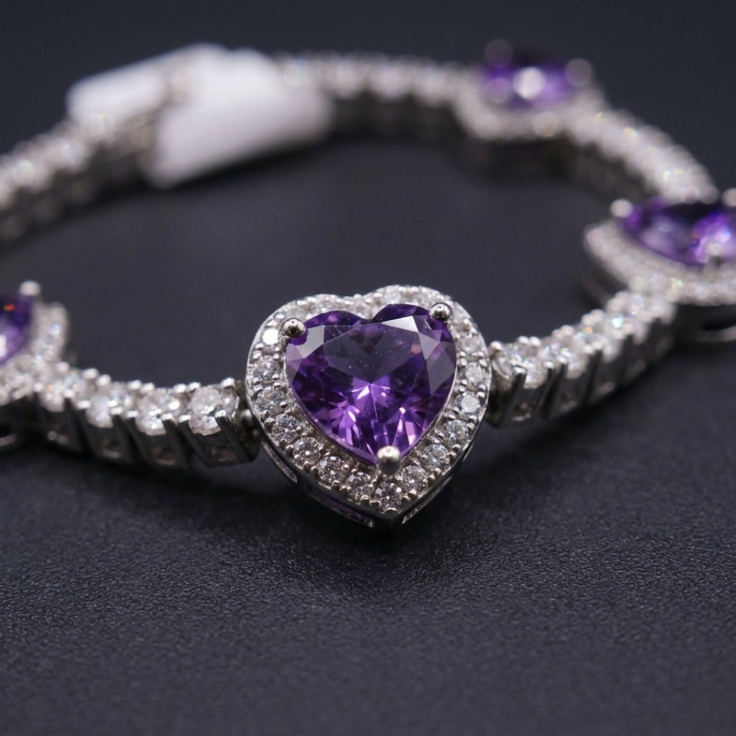 Heart-Cut Purple Stone Halo Tennis Bracelet In Silver