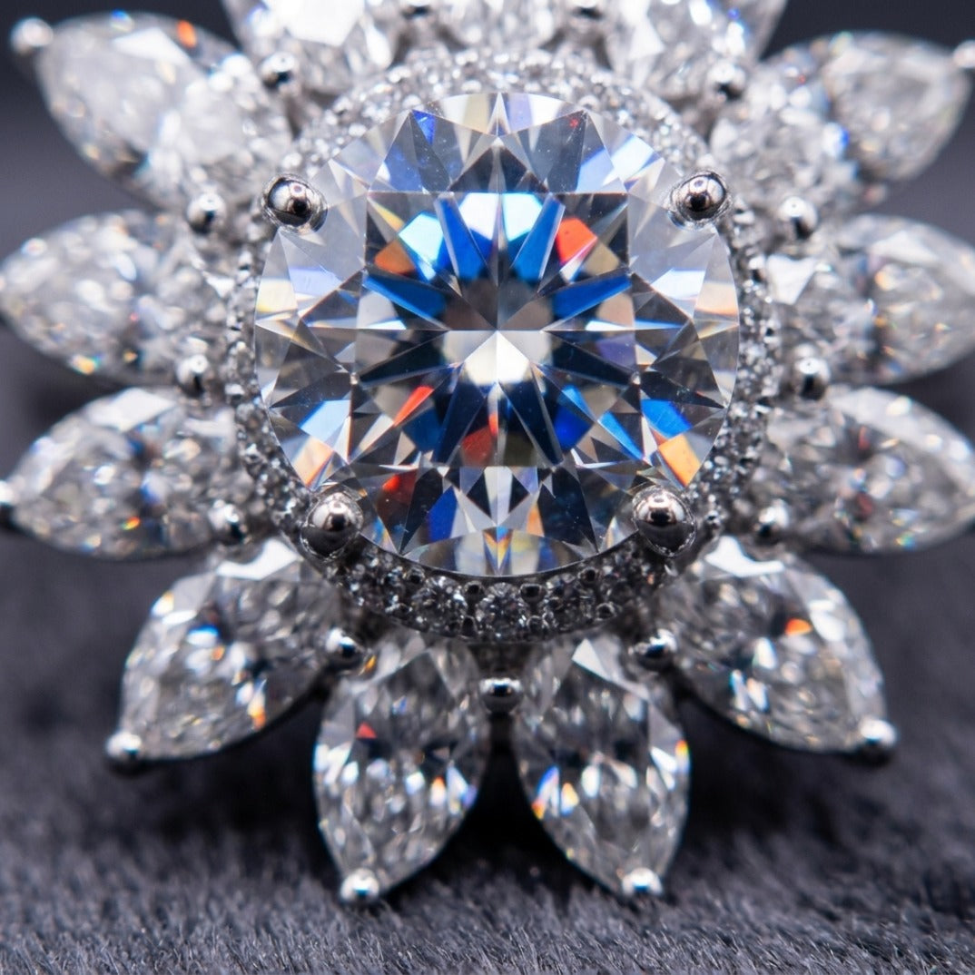 Marquise Sunburst Flower Halo CZ Ring In White Gold