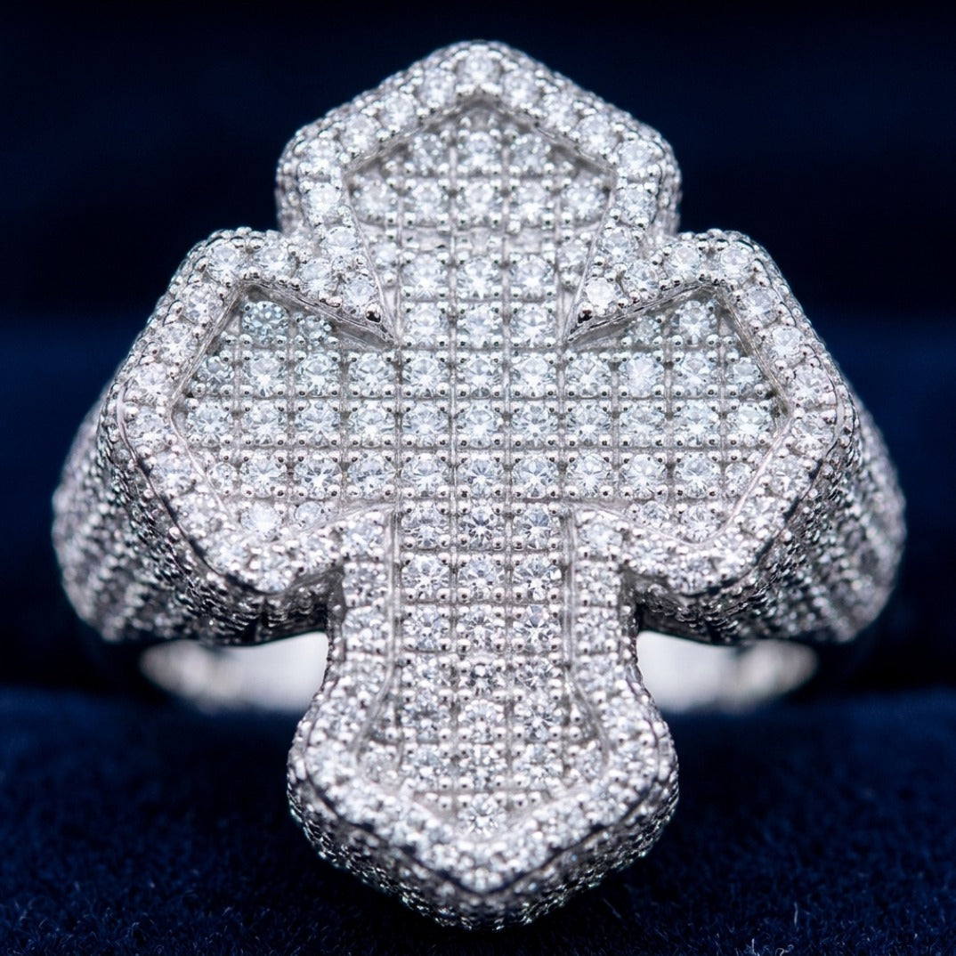 Baguette & Pavé Iced Out Cross Statement Ring In Silver