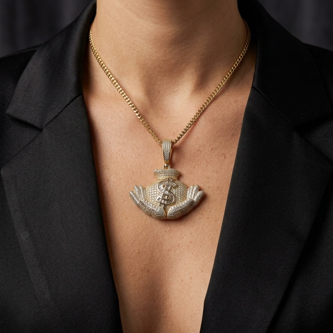 Silver Money Bag Pendant – Imperial Fortune Emblem with CZ Stones