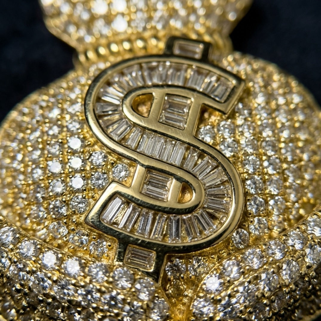 Silver Money Bag Pendant – Imperial Fortune Emblem with CZ Stones
