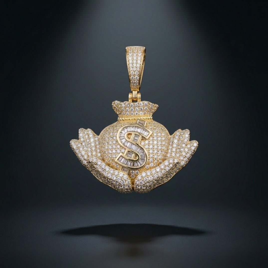 Silver Money Bag Pendant – Imperial Fortune Emblem with CZ Stones