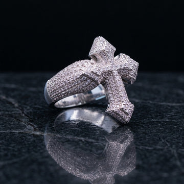 Iced Out Cross Ring – Full Pavé Statement Ring in White Gold