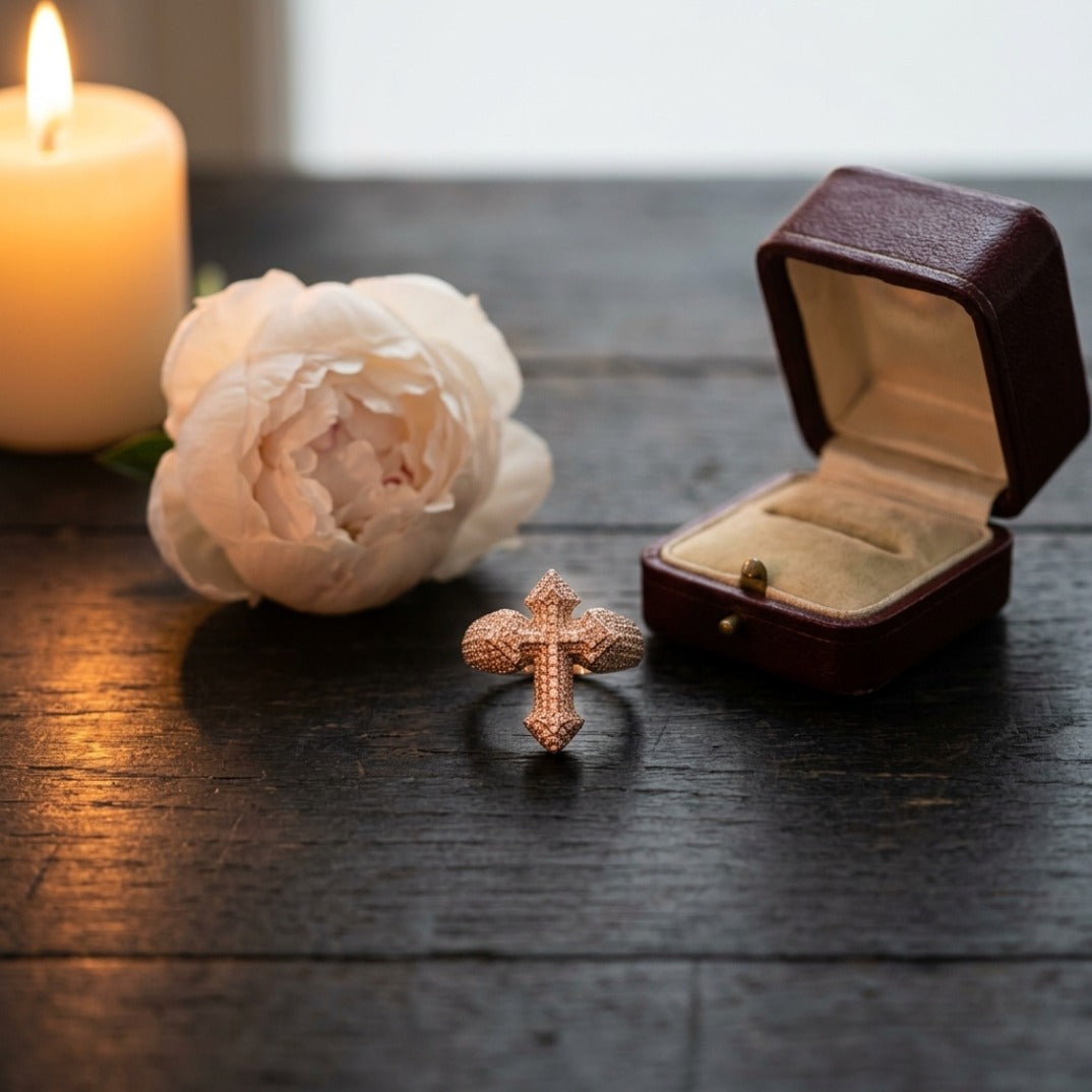 Iced Out Cross Ring – Full Pavé Statement Ring in White Gold