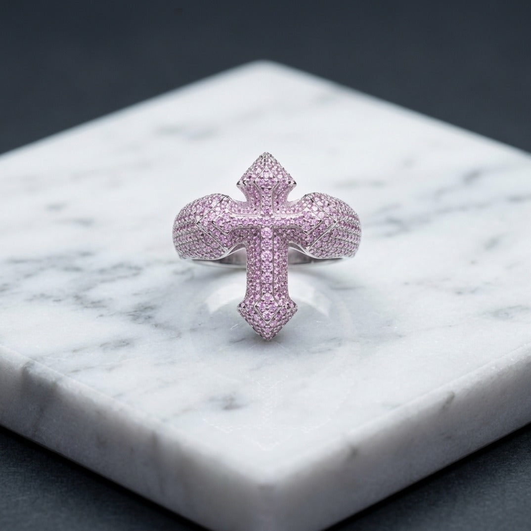 Iced Out Cross Ring – Full Pavé Statement Ring in White Gold