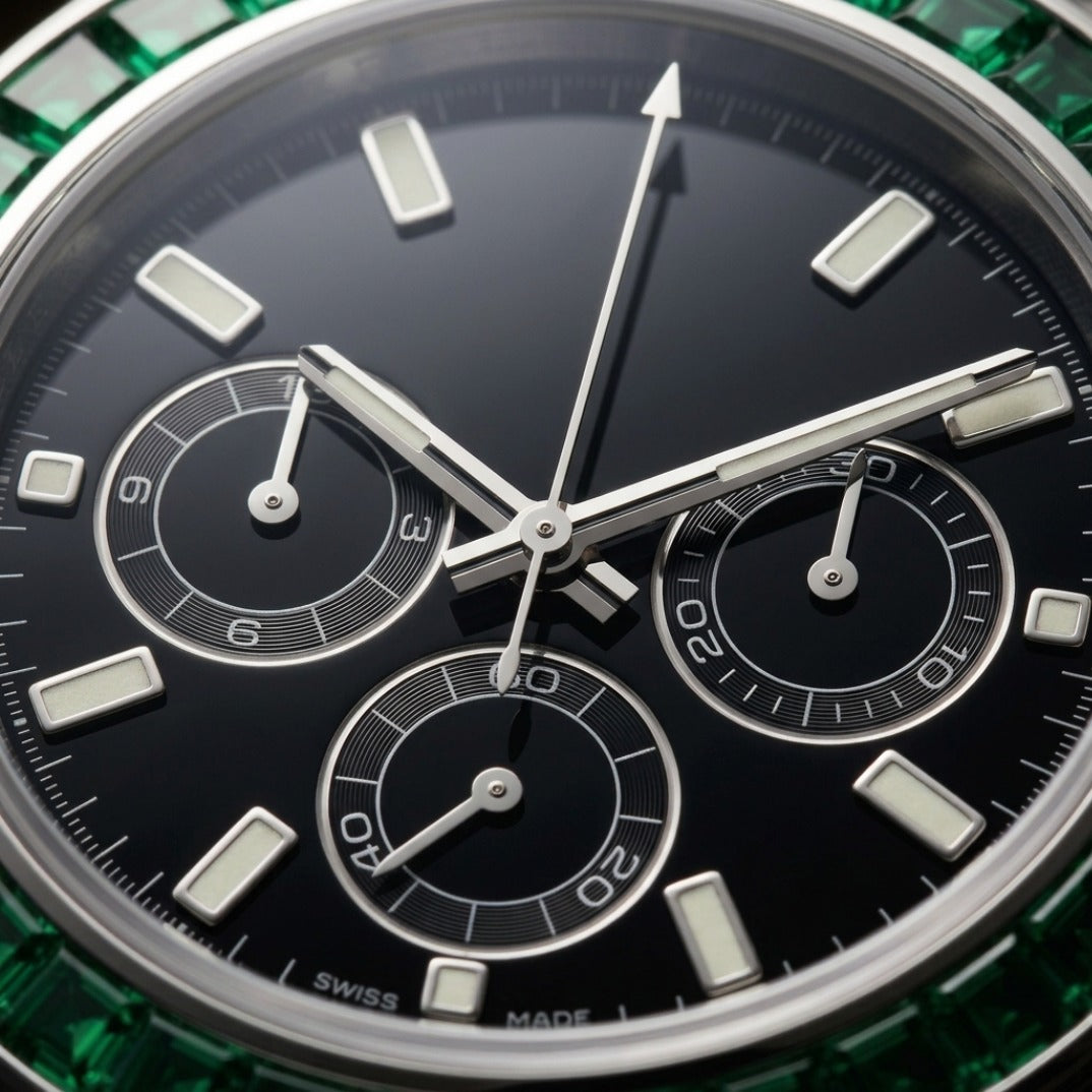 The Sovereign Chronograph Bustdown — Baguette Emerald & VVS Bezel Edition