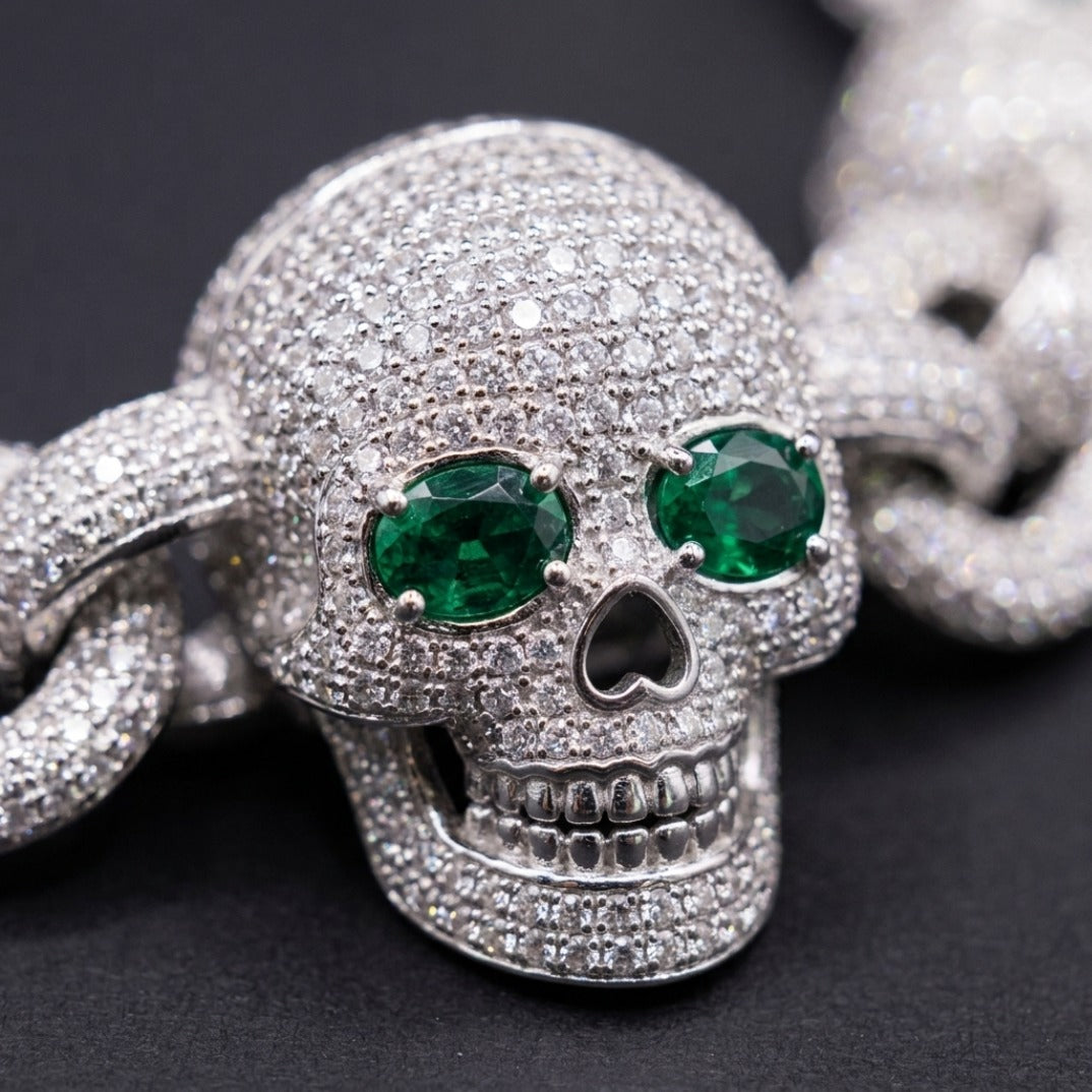 Iced Out Skull Link Bracelet In Silver With Full Pavé CZ & Emerald Eyes