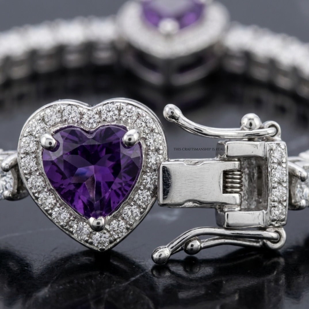 Heart-Cut Amethyst Halo Diamond Tennis Bracelet In White Gold
