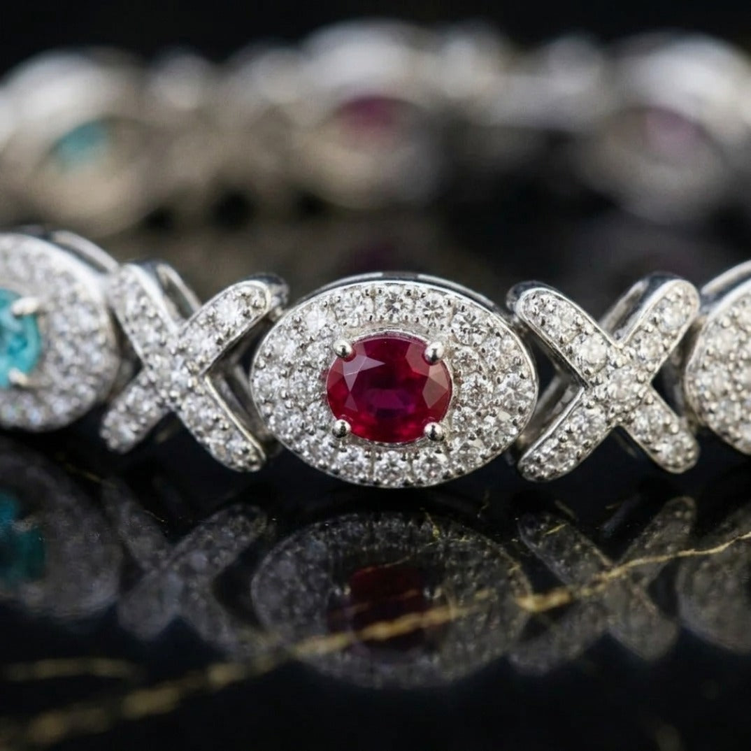 Pavé Diamond Multi-Gemstone XO Link Bracelet In White Gold