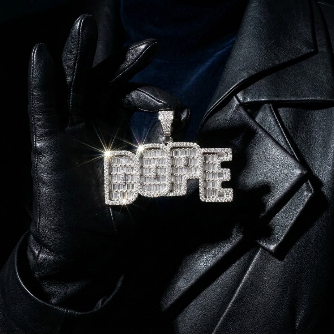 Silver CZ Word Pendant – "Dope" Statement Necklace, Baguette & Pavé Set