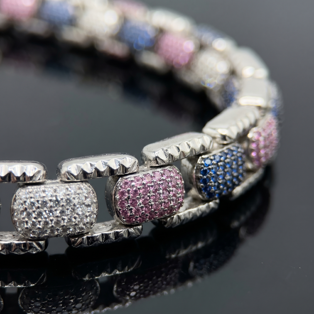 8MM Multicolor Moissanite Cuban Link Chain in 925 Silver – Diamond-Cut Finish
