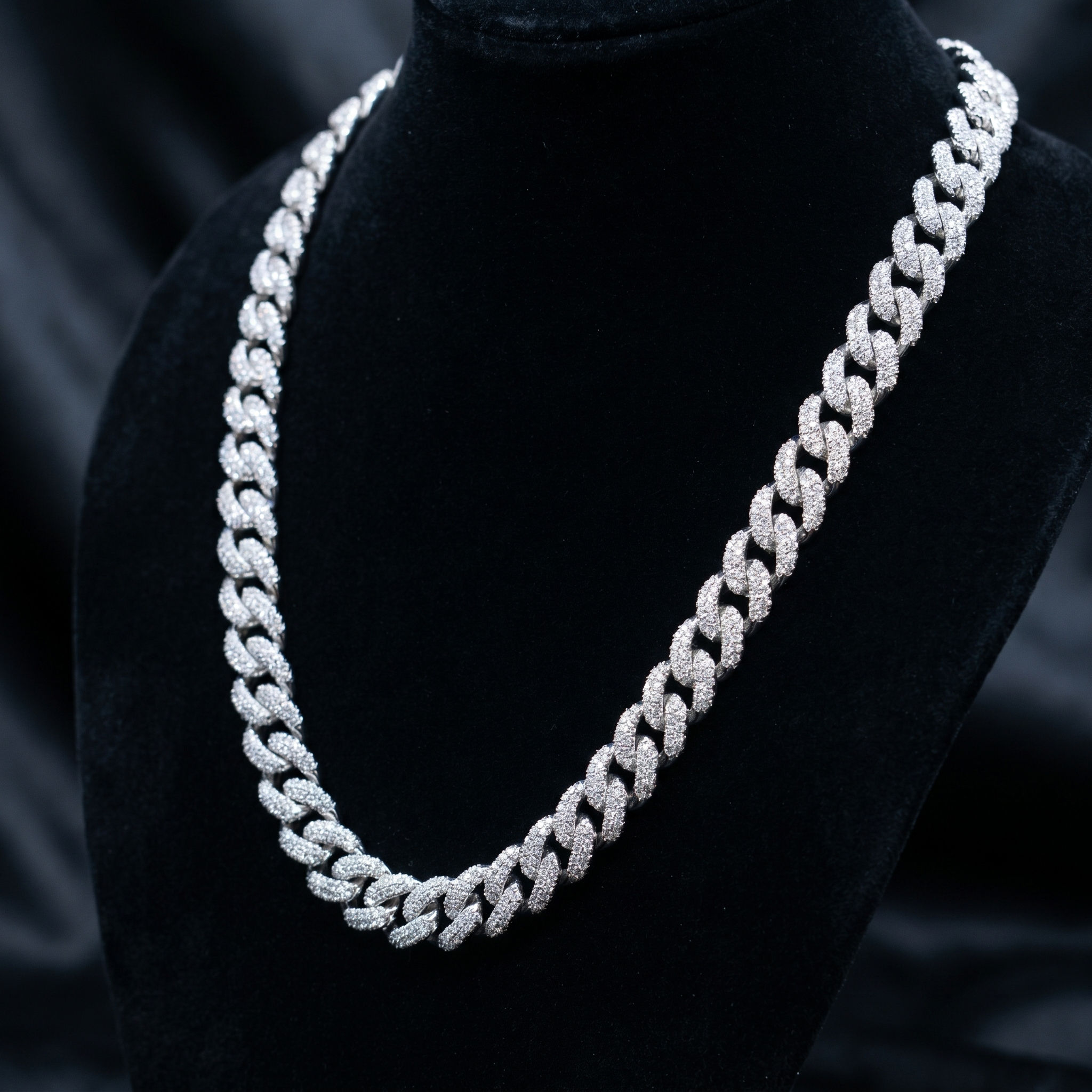 12MM Miami Cuban Link Chain in 925 Silver with D Color Moissanite