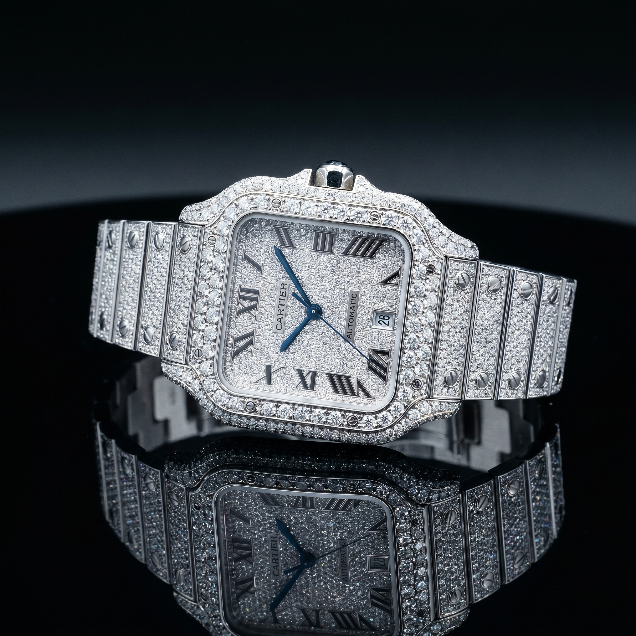 The Santos Classic Bustdown Timepiece in VVS-Style Brilliant Crystals