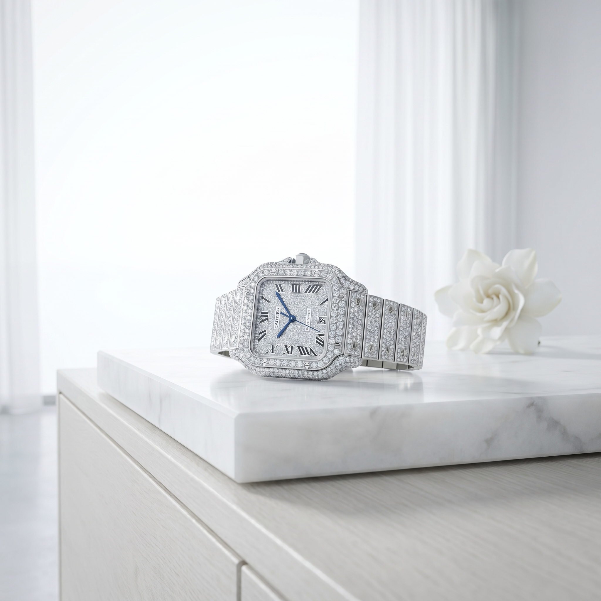 The Santos Classic Bustdown Timepiece in VVS-Style Brilliant Crystals