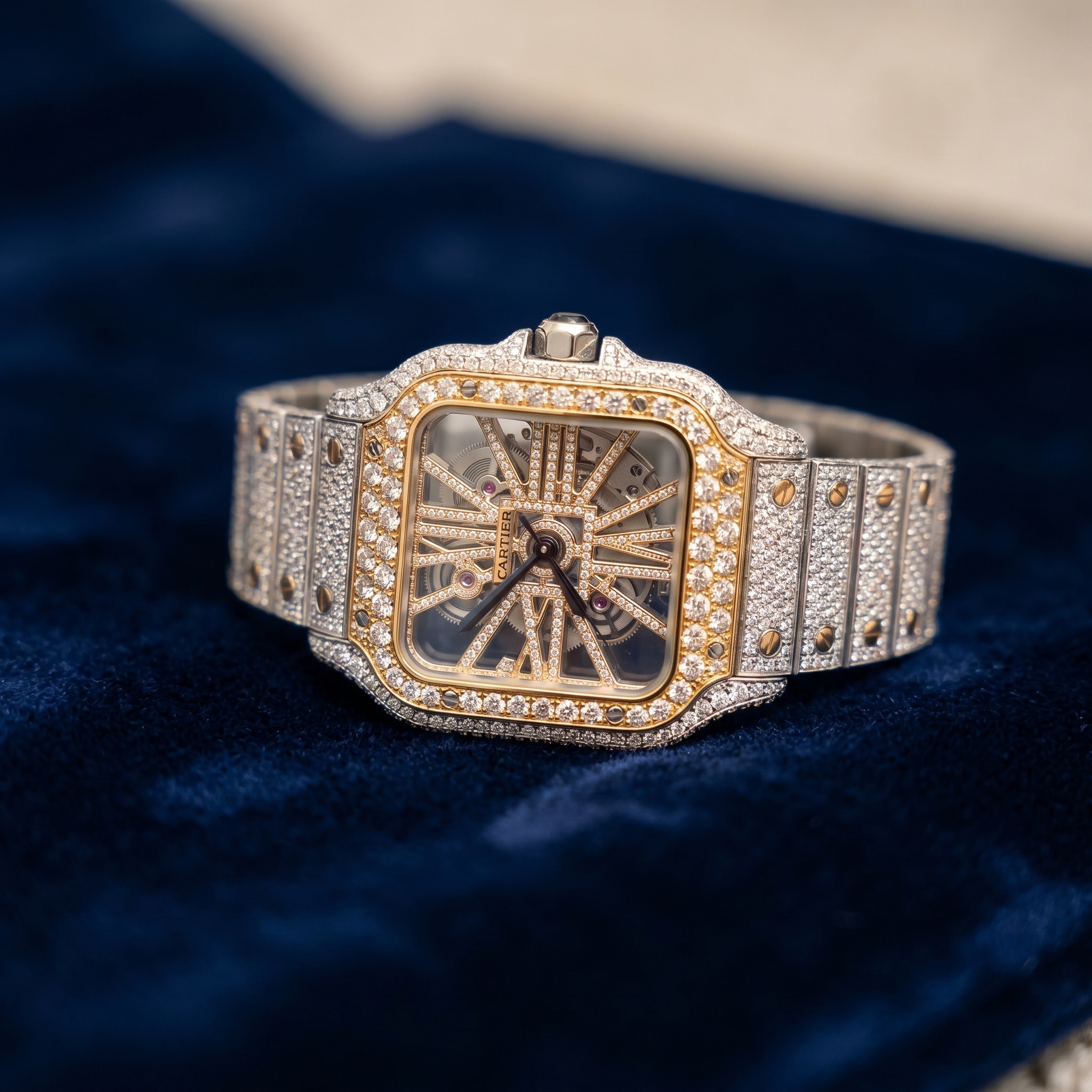 The Santos Skeleton Dual-Tone Full Bustdown Timepiece