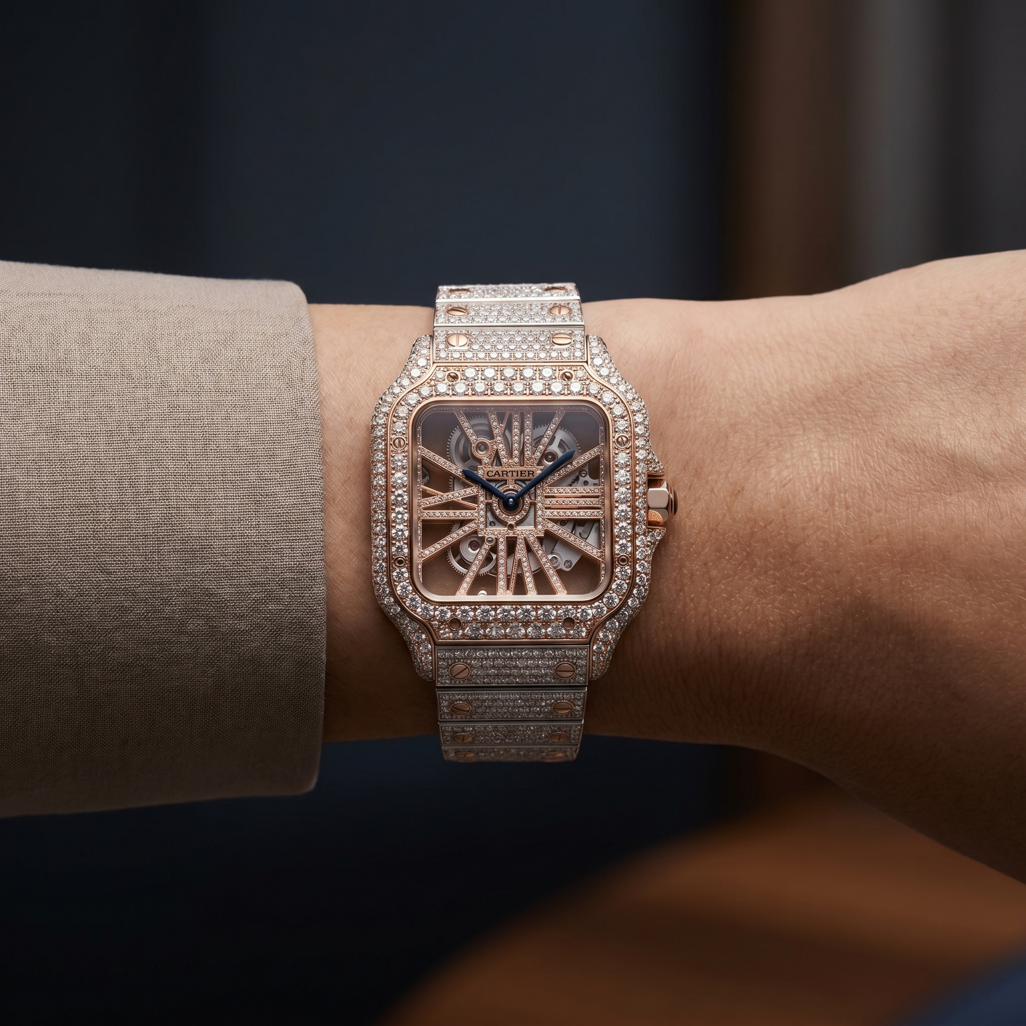 The Sovereign Santos Skeleton Chronometer in Full Pavé Moissanite
