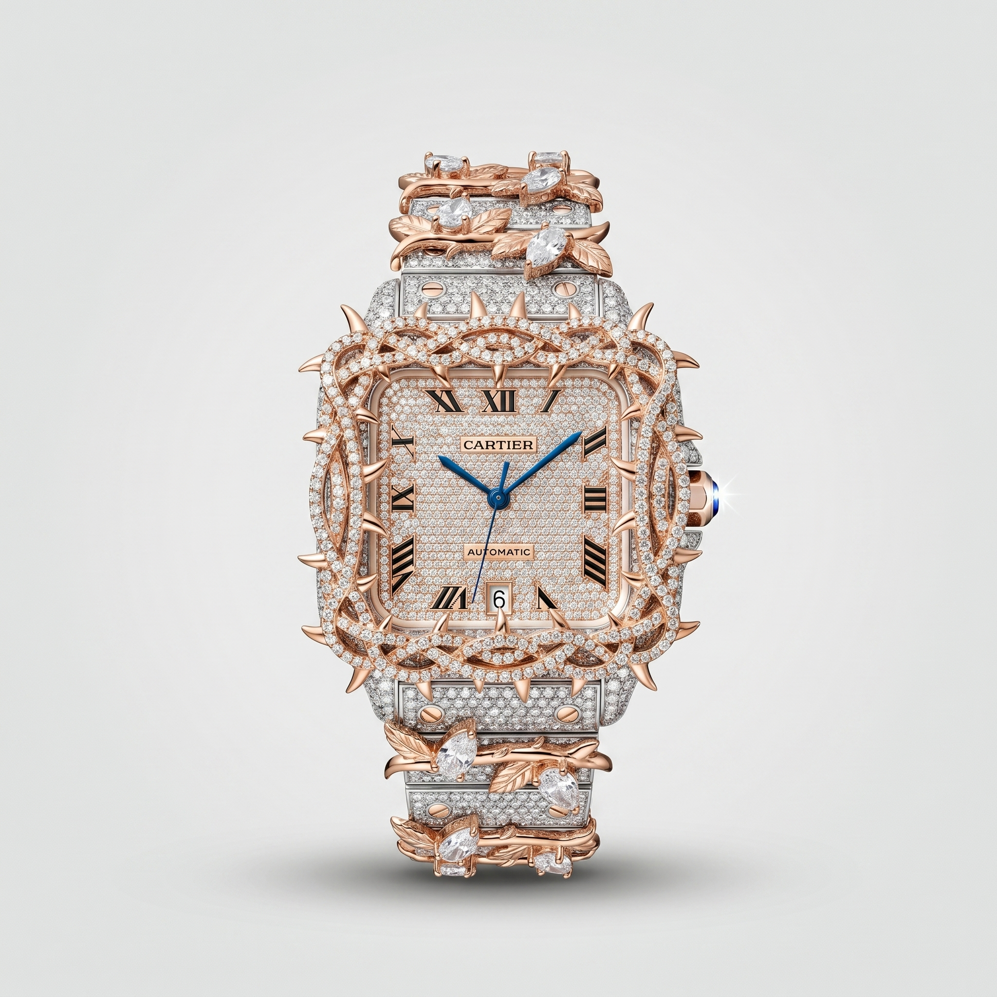 The Santos "Throne of Thorns" Bustdown Timepiece in Rose Gold & Pavé Crystals