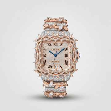 The Santos "Throne of Thorns" Bustdown Timepiece in Rose Gold & Pavé Crystals
